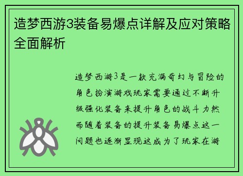 造梦西游3装备易爆点详解及应对策略全面解析